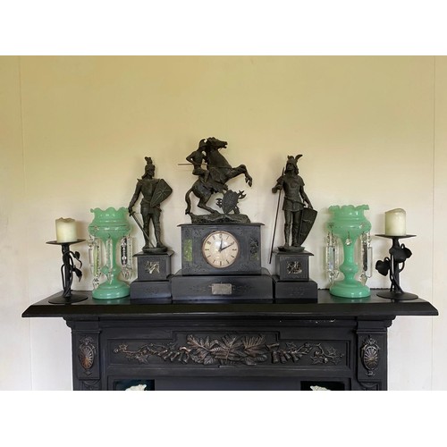 493 - Star Lot : A fabulous antique heavy slate presentation clock featuring a spelter sculpture of a moun... 