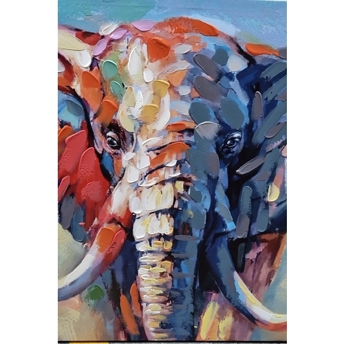 679 - A striking hand painted on print. Features a vibrant elephant. Portrays palette knife technique. Ren... 