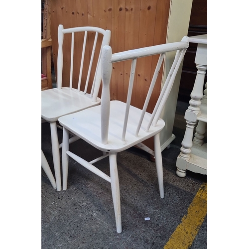 1298 - Set of three vintage wooden spindle-back chairs, hand-painted in distressed white. Sturdy constructi... 