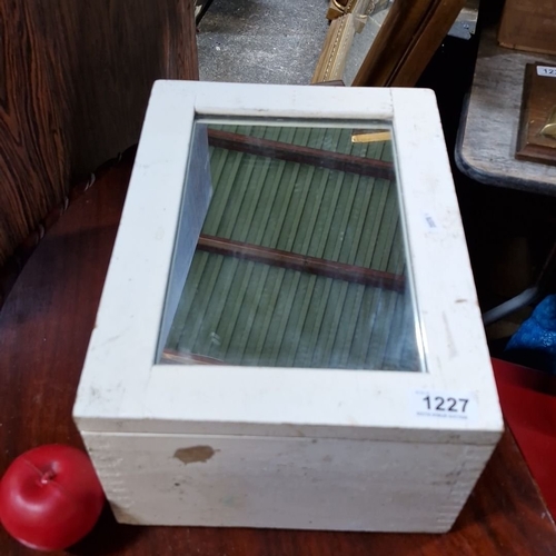 1300 - A Vintage wooden chemists box with mirrored lid, painted white. Features a hinged opening with a div... 