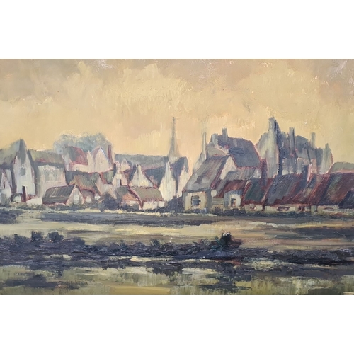 1318 - Star Lot: A brilliant large original oil on canvas painting. Features a quaint village scene with tr... 