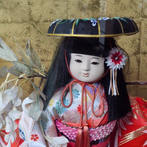 1341 - Star Lot: A super, large  Japanese Ichimatsu doll, displayed in a glass case with black frame. The d... 