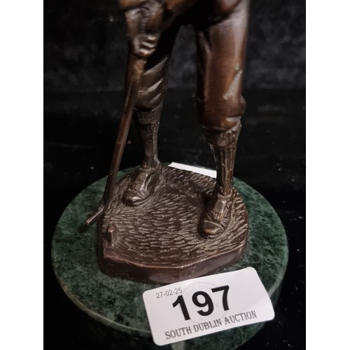 197 - A handcrafted heavy bronze figure of a male golfer mounted on a green marble plinth base.