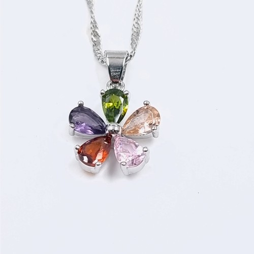 16 - A pretty vari hue pendant necklace with peridot, amethyst, garnet, citrine etc chain marked 925. Len... 