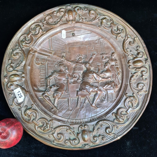 125 - A large French antique copper tin plate with embossed Tavern scene. Reading 'La Bon Vin' lower.