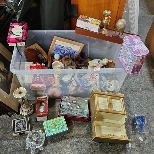 A. very Large box of mixed lot of vintage and decorative collectibles, including ceramic vases, wooden ornaments, trinket boxes, framed tile art, and assorted curios.