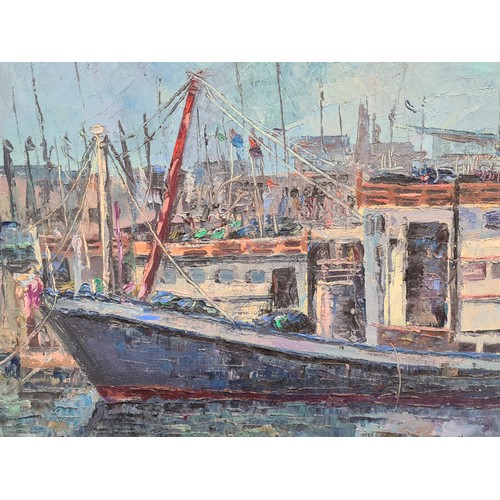 74 - Star Lot: A wonderful large original oil on canvas painting titled 'Fishing Schooner, Howth Harbour'... 