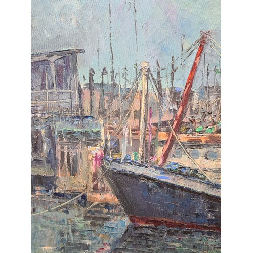 74 - Star Lot: A wonderful large original oil on canvas painting titled 'Fishing Schooner, Howth Harbour'... 