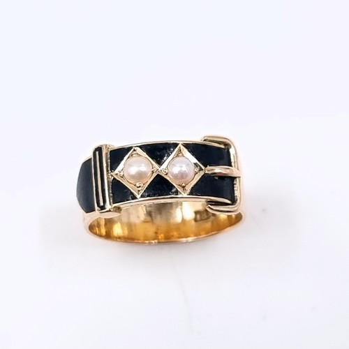 32 - Star Lot: A most attractive antique onyx and pearl set ring set in 18 carat gold stamped to band. De... 