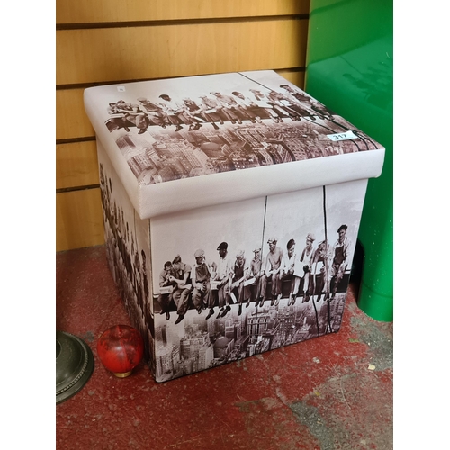 A Printed Faux Leather Storage Box / Stool. Featuring the Iconic Photograph of the Irish New York Construction workers.