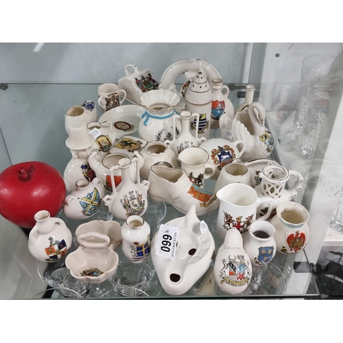 A Large Collection of 32 Crested Ware Miniature Porcelain Pieces including W.H Goss and Arcadian Examples.