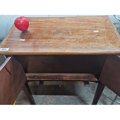 483 - Edwardian mahogany side table with inlaid decoration, single drawer, and lower shelf. Beaded detaili... 