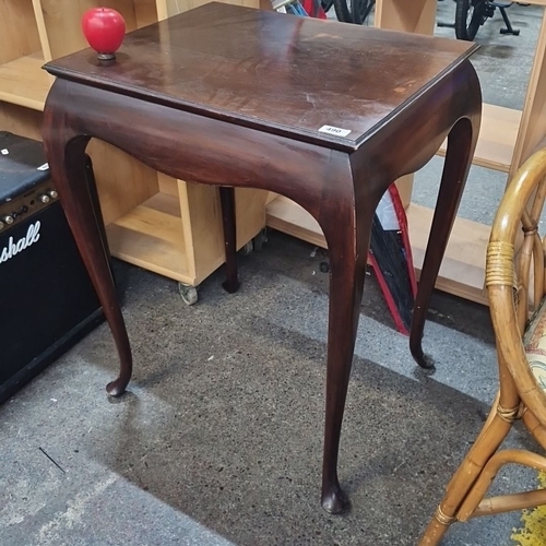 490 - Mahogany side table, Queen Anne style, cabriole legs with pad feet. What A shape.