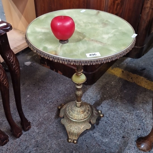 496 - Victorian style side table with a green onyx top and an ornate brass base featuring floral motifs. I... 