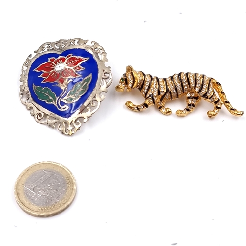 536 - Two brooches including a gorgeous gemstone tiger example (5cm x 2cm, weight 12.8 grams), together wi... 