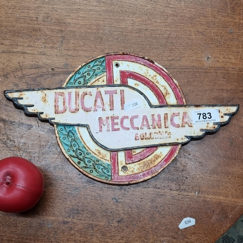 783 - A heavy cast metal advertising wall plaque for Ducati.