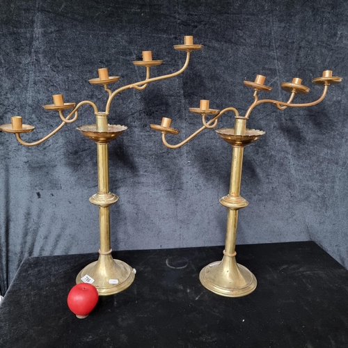786 - Star lot : A pair of stunning large antique heavy brass ecclesiastical candelabras with asymmetrical... 
