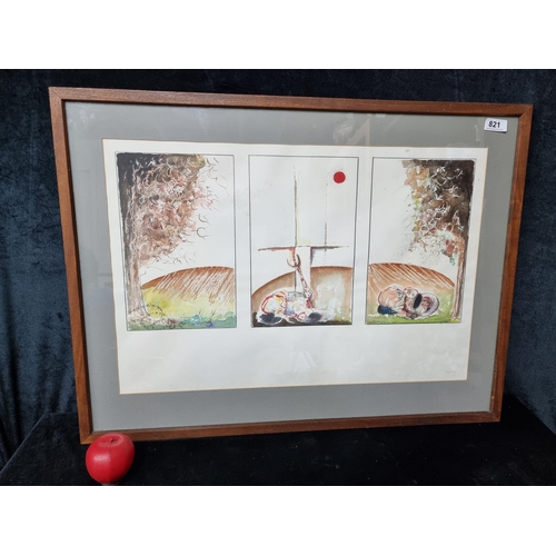 821 - A large original watercolour and pencil on paper painting. Features a triptych, with each panel feat... 