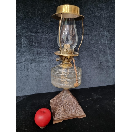 826 - A Victorian antique cast iron and brass Anchor oil lamp. Solid square base and Anchor brand etching ... 