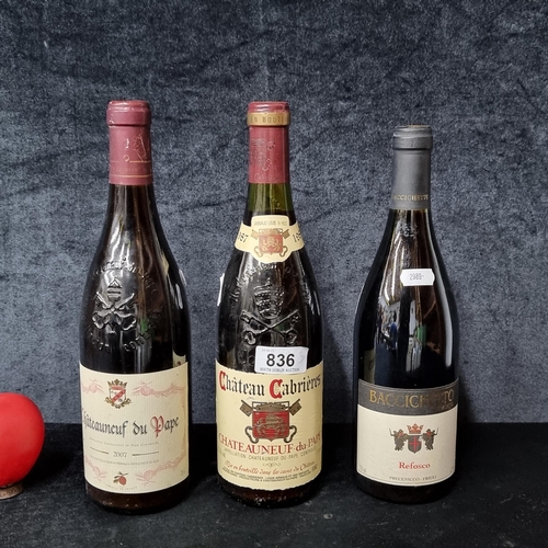 836 - Three bottles of red wine including a 1987 Chateau Cabrieres Chateauneuf du pape RRP €37 via wine-se... 