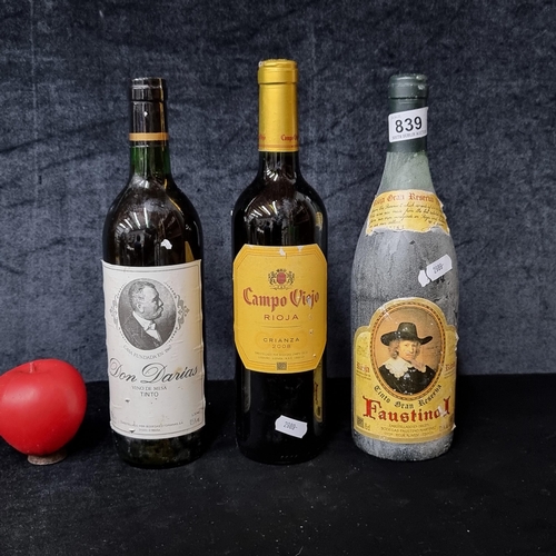839 - Three bottles of Spanish red wine. Includes the 1987 Faustino / Gran Reserva Mythical vintage which ... 
