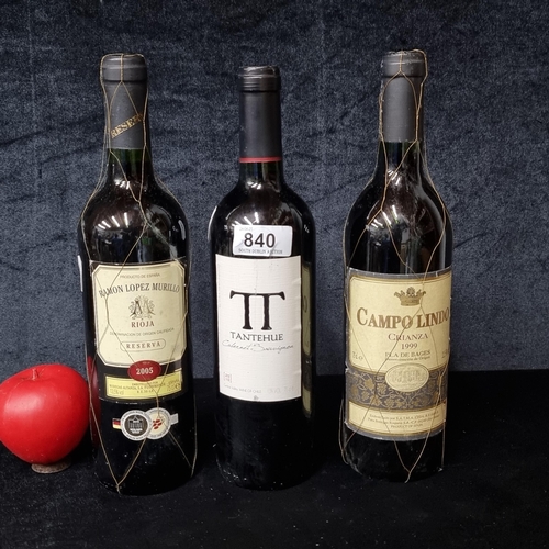 840 - Three bottles of red wine including a 1999 Campo Lindo Crianza, a 2005 Ramon Lopez Murillo Rioja and... 