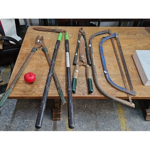958 - Collection of vintage garden tools including shears, loppers, and bow saws. Brands include Legend an... 