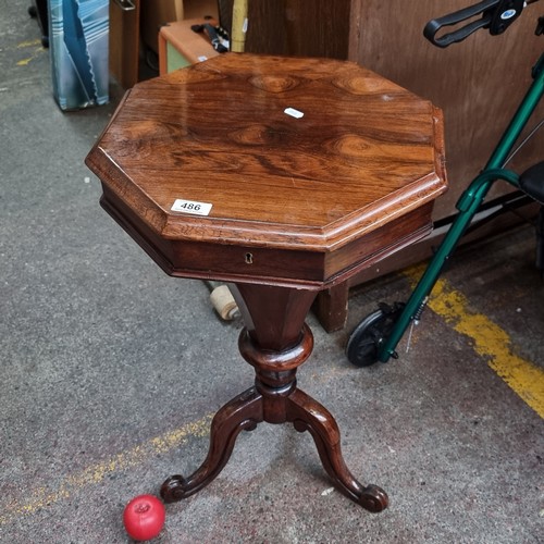 486 - Star Lot :  A super antique  Octagonal mahogany sewing poy, with flip top and beautifully carved bod... 