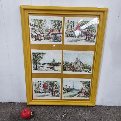 A collage of six prints after original watercolour paintings by 'Claude Ducollet'. Features Parisian streets. Mounted. Housed in a wooden frame behind glass.
Provenance from a House in Avondale Road, Killiney.
Previous in auction on 24.04.25 with Lot no.735