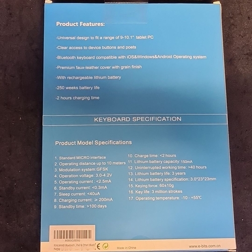 125 - Boxed E-Blue Bluetooth Keyboard Case for 9