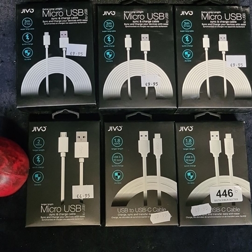 131 - Six boxed JIVo USB cables: four Micro USB to USB cables (3m), two USB to USB-C cables (1.8m).
These ... 