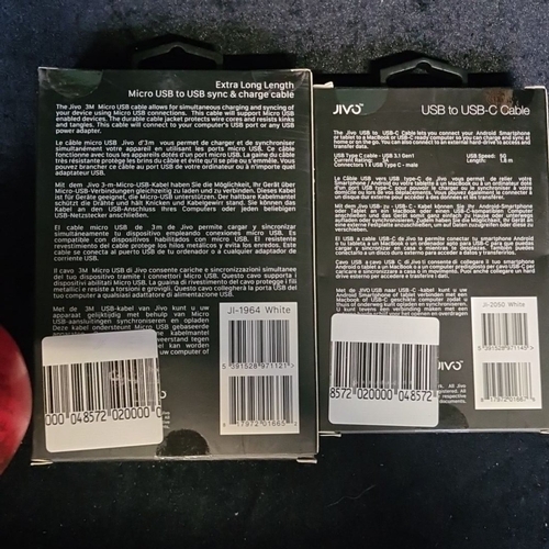 131 - Six boxed JIVo USB cables: four Micro USB to USB cables (3m), two USB to USB-C cables (1.8m).
These ... 