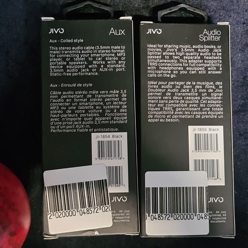 132 - Nine JIVo audio splitters, and 16 Aux cables (3.5mm). 25 Boxes total. Great for resellers. 
These it... 