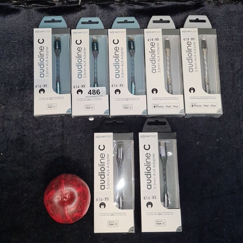 135 - Seven boxed BOOMPODS - five audioline C 3.5mm AUX Adapters and two for iPhone/iPod/iPad with braided... 