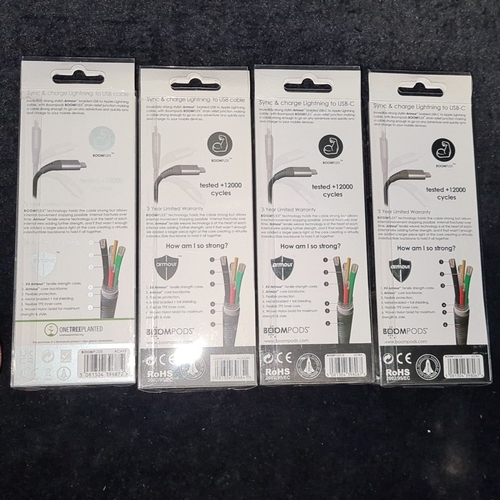 137 - Four boxed BOOMPODS Retro Armour cables, two USB to Lightning, two USB-C to Lightning, each 1.5M.
Th... 
