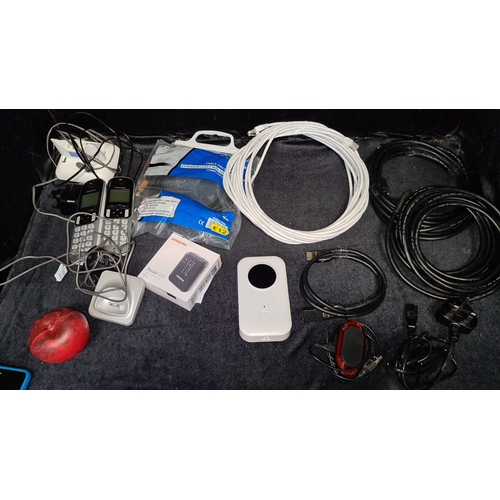 143 - Mixed lot including Panasonic cordless phones, extension leads, various cables, Sandberg USB hub, an... 