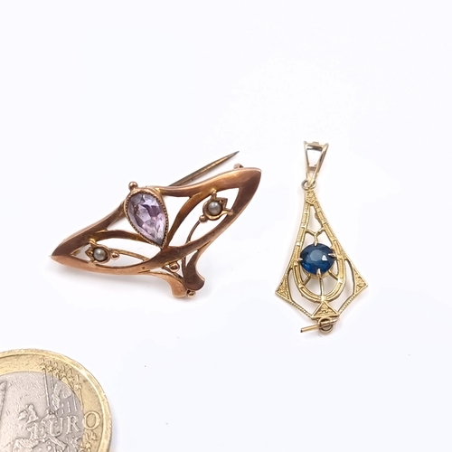 152 - Star Lot : Two Victorian nine carat gold jewellery items including an amethyst and seed pearl brooch... 