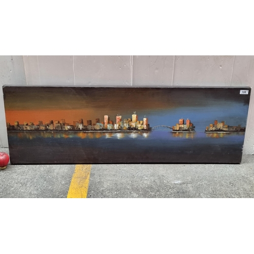 A large original oil on canvas painting. Features the 'Sydney Harbour Bridge'. Rendered in contrasting blues and burnt sienna. Portrays a blend of palette knife technique and smooth brushstrokes. 
Provenance from The Gresham Hotel, Dublin
MM: 121 x 41 cm