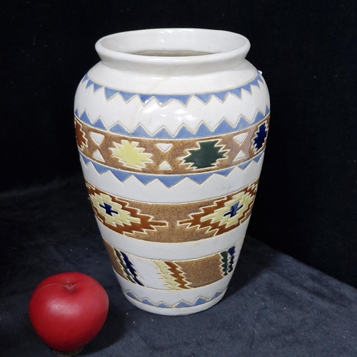 885 - A beautiful and colourful Aztec style large earthenware art studio pottery vase. Signed indistinctly... 