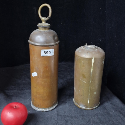 890 - Two antiques brass hot water bottles including made from an artillery shell.