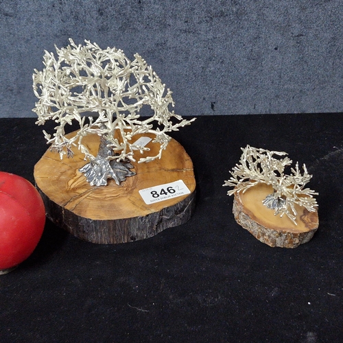 846 - Two handmade pewter ornamental decorative pieces cast in the form of oak trees mounted atop wood pla... 