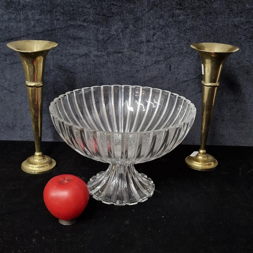 856 - A pair of antique heavy bass trumpet vases alongside a vintage cut glass footed centre piece bowl.