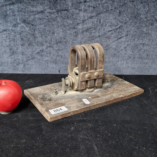864 - A Victorian scientific instruments displayed on a wooden base.