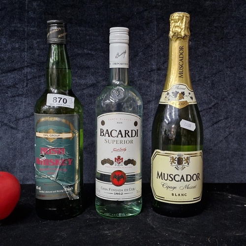 870 - Three sealed bottles of alcohol including a 75cl Muscador Cépage Muscat Blanc, a rare 700cl bottle o... 