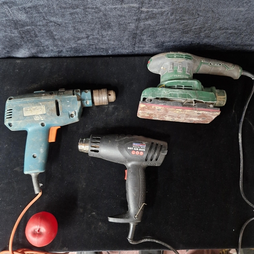 876 - Three high quality power tools including a handheld electric sander, a Sealy hot air gun and a Black... 