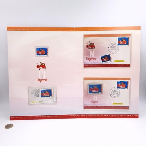 A Poste Italiane (Italy's national postal service) - a commemorative presentation stamp folder celebrating the Fiat 500 "Cinquecento" one of Italy's most iconic vehicles.