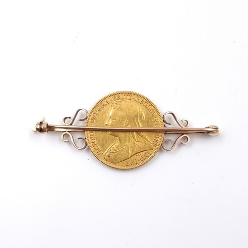 25 - Star Lot: A gold sovereign mounted on a 9ct brooch depicting Victoria Jubilee head dated 1896. Pin i... 