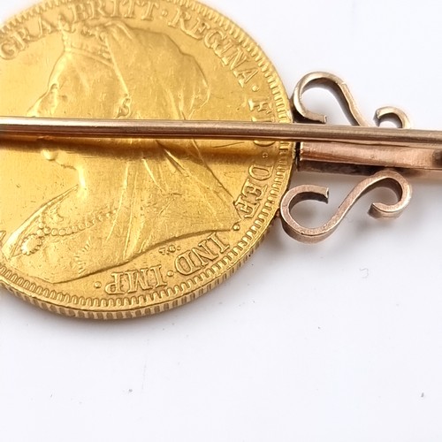 25 - Star Lot: A gold sovereign mounted on a 9ct brooch depicting Victoria Jubilee head dated 1896. Pin i... 