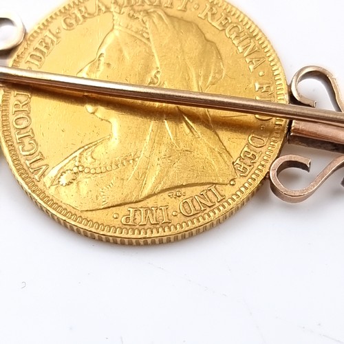 25 - Star Lot: A gold sovereign mounted on a 9ct brooch depicting Victoria Jubilee head dated 1896. Pin i... 