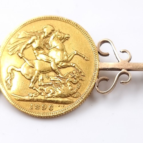 25 - Star Lot: A gold sovereign mounted on a 9ct brooch depicting Victoria Jubilee head dated 1896. Pin i... 